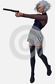 Full body portrait of a beautiful young silver-haired woman aiming a gun with silencer while standing on an isolated white