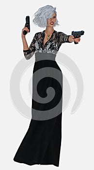 Full body portrait of a beautiful young silver-haired woman holding two guns standing on an isolated white background