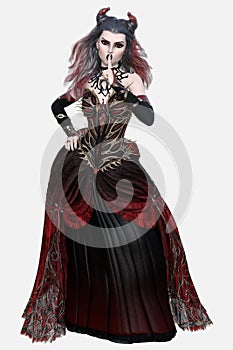 Full body portrait of a beautiful young vampire queen in a ball gown standing on an isolated background