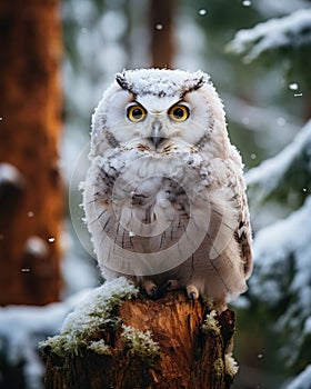 Full body portrait bird of prey, white snowy owl, sitting full body on tree branch in forest cowered snow and looking at camera