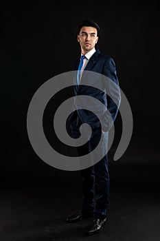 Full body portrait of business man wearing blue business suit and tie