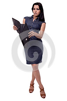 Full body portrait of business woman in dress surprised look with portfolio, briefcase, isolated on white