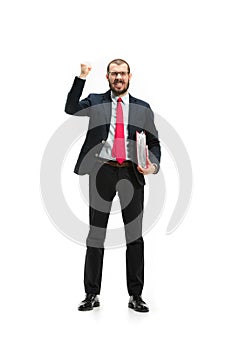 Full body portrait of businessman with folder on white