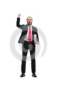 Full body portrait of businessman with folder on white