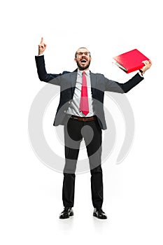 Full body portrait of businessman with folder on white