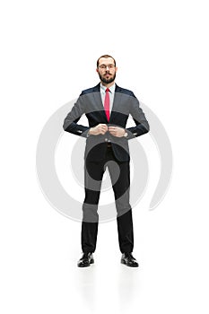 Full body portrait of businessman with folder on white