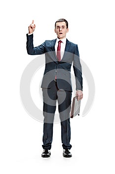 Full body portrait of businessman with folder on white