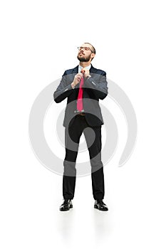 Full body portrait of businessman on white