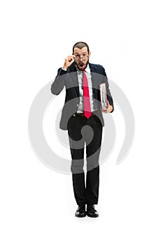 Full body portrait of businessman on white