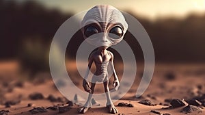 Full body portrait of a cute alien with big black eyes in his planet. Generative AI