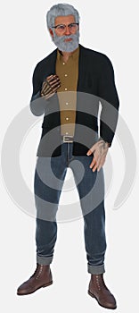 Full body portrait of a handsome tattooed silver fox wearing hipster glasses on an isolated white background