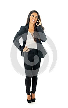 Full body portrait of happy excited beautiful businesswoman