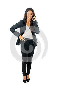 Full body portrait of happy excited beautiful businesswoman