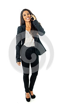 Full body portrait of happy excited beautiful businesswoman