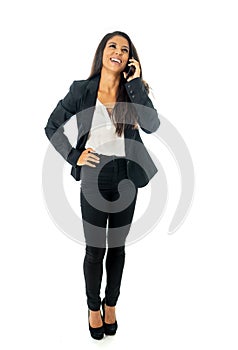 Full body portrait of happy excited beautiful businesswoman