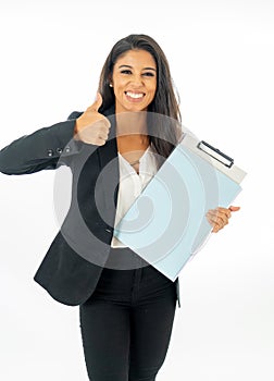 Full body portrait of happy excited beautiful businesswoman