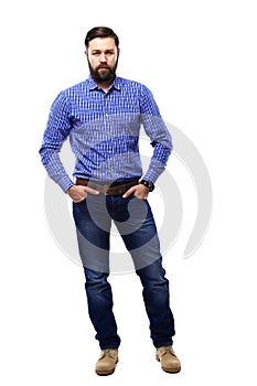 Full body portrait of happy smiling business man, isolated on white