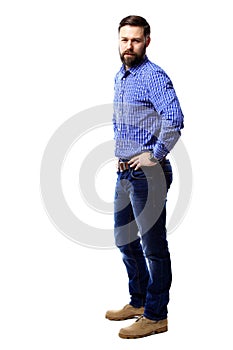 Full body portrait of happy smiling business man, isolated on white