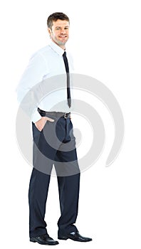 Full body portrait of happy smiling young business man