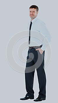 Full body portrait of happy smiling young business man, isolated on white background.