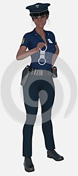 Full body portrait of Kiara, a dark-haired beautiful young police woman walking on an isolated white background