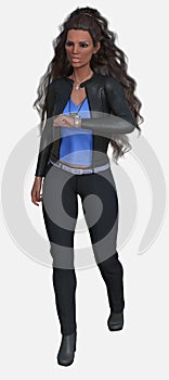 Full body portrait of Kiara, a dark-haired beautiful young woman walking on an isolated white background