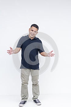 Full-body portrait of a middle-aged Asian man with open hand gestures, conceptually explaining something, isolated on white