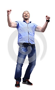 Full body portrait of relaxed mature man raising arms over white