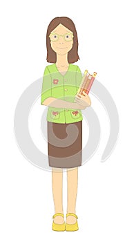 Full body portrait of a standing clever young girl beginner school teacher wearing glasses and holding a pile of books