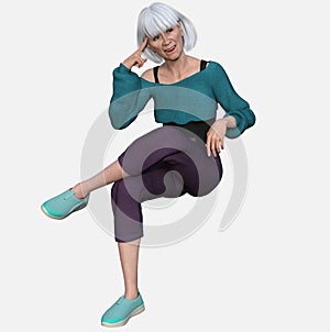Full body portrait of Susan, an active older white-haired woman excercising on an isolated white background