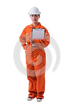 Full body portrait of a woman worker in Mechanic Jumpsuit is holding clipboard and pen isolated on white background