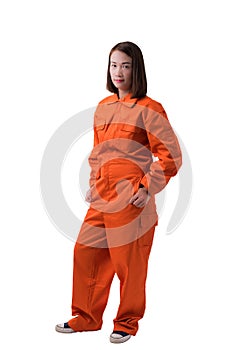 Full body portrait of a woman worker in Mechanic Jumpsuit isolated on white background