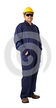 Full body portrait of a worker in Mechanic Jumpsuit isolated on