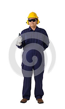 Full body portrait of a worker in Mechanic Jumpsuit isolated on white background