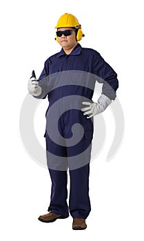 Full body portrait of a worker in Mechanic Jumpsuit isolated on white background