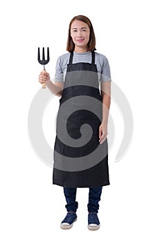 Full body portrait of a worker woman or Servicewoman in Gray shirt and apron is holding Shovel for Cultivators on white background
