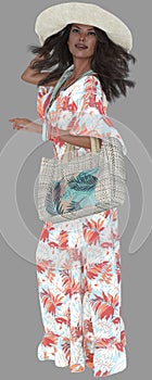 Full body portrait of a young beautiful brunette woman on a Caribbean beach vacation on an isolated background