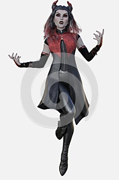 Full body portrait of a young beautiful vampire standing on an isolated background