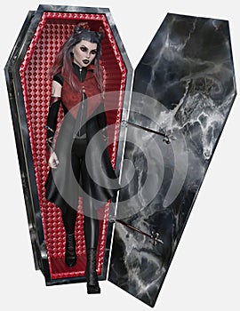Full body portrait of a young beautiful vampire walking out of a coffin on an osolated background