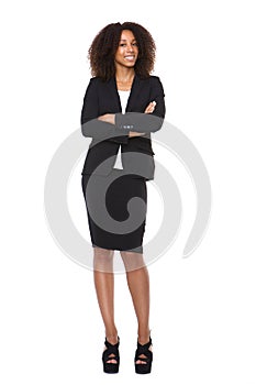 Full body portrait of a young business woman smiling