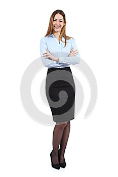 Full body portrait of a young happy standing beautiful business woman