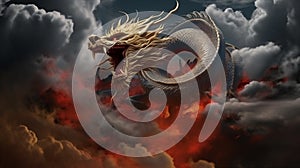 full body potrait of flying chinesse dragon surrounded by dark cloud, wide angle, low angle view, hyper detail, hyper smooth --ar