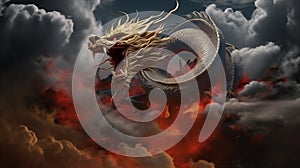 full body potrait of flying chinesse dragon surrounded by dark cloud, wide angle, low angle view, hyper detail, hyper smooth --ar photo