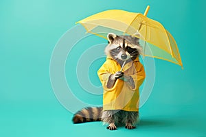 Full body raccoon in yellow raincoat under matching umbrella, on teal studio background.