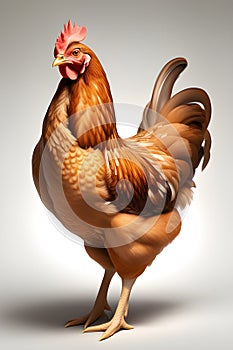 Full body red chicken hen standing, isolated on white .