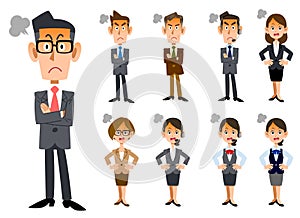 Full-body set of men and women of office workers who get angry with flushing their faces