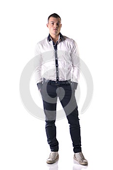 Full body shot of attractive young man white shirt and blue pants