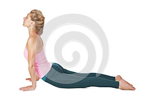 Yoga_Bhujangasana_Cobra on white background photo