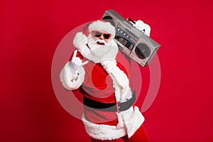 Full body size photo of retired old man grey beard hold boombox show horns make youngsters envious hard loud noise wear