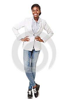 Full body smiling african american woman against isolated white background